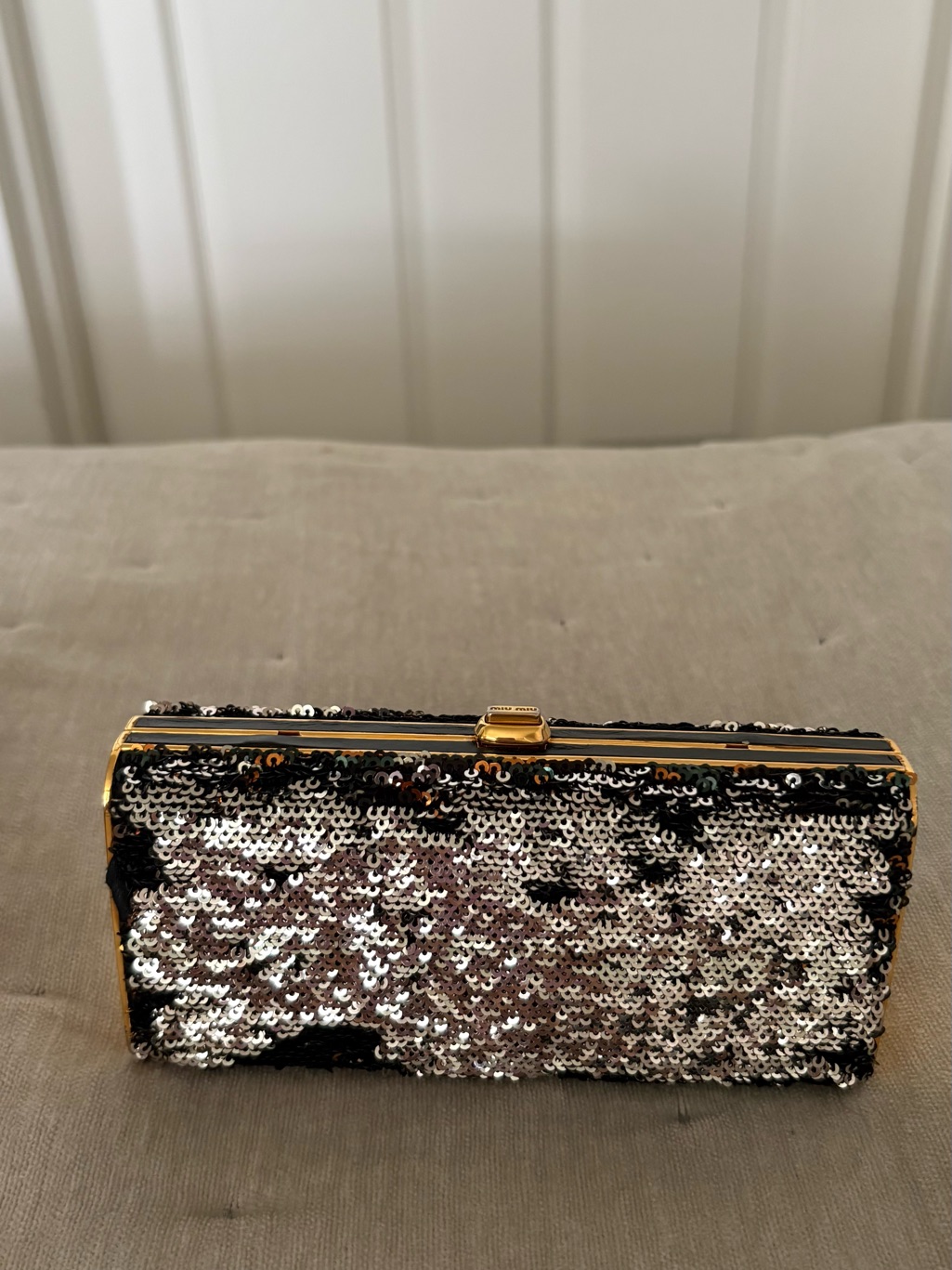 Miu Miu Silver And Black Sequin Clutch With Gold Trim